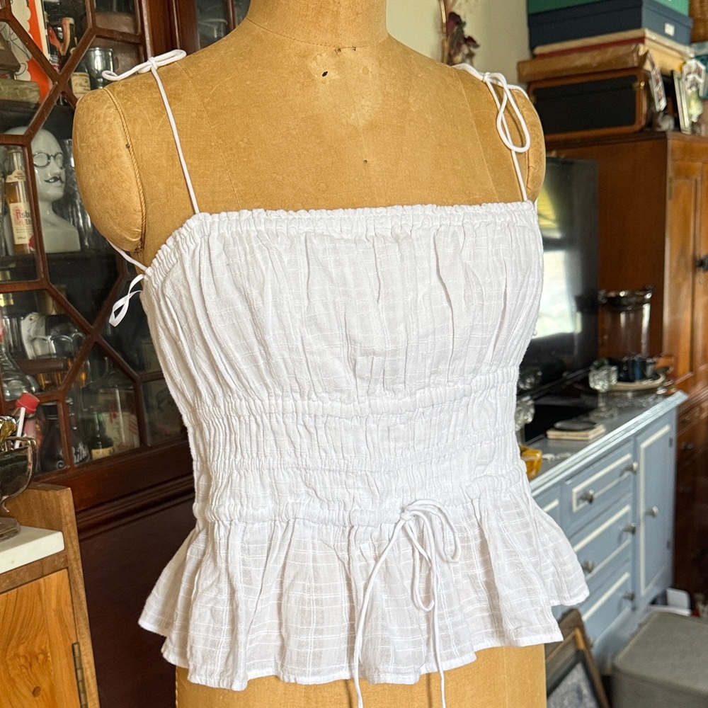 J. Crew White Smocked Ruffle-Hem Tie Cami